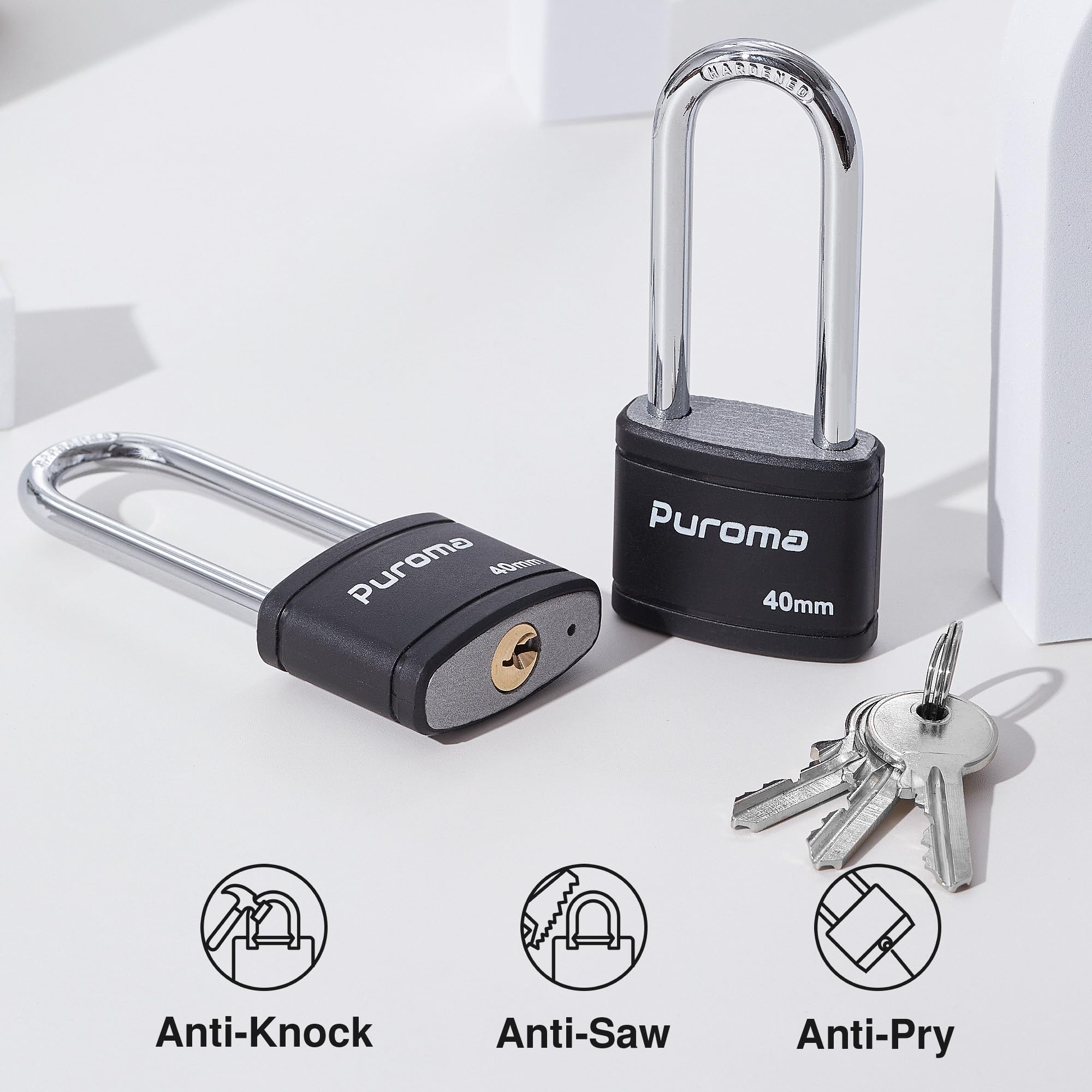 Puroma 2 Pack Keyed Padlock with 3 Keys, 2.5 Inch Locker Lock 40mm